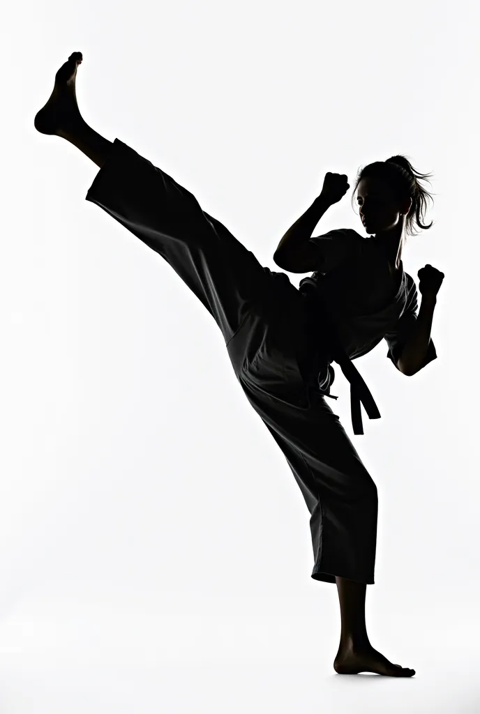 silhouette of karate woman, front kick, MAE GERI, raised fists, side view, white background