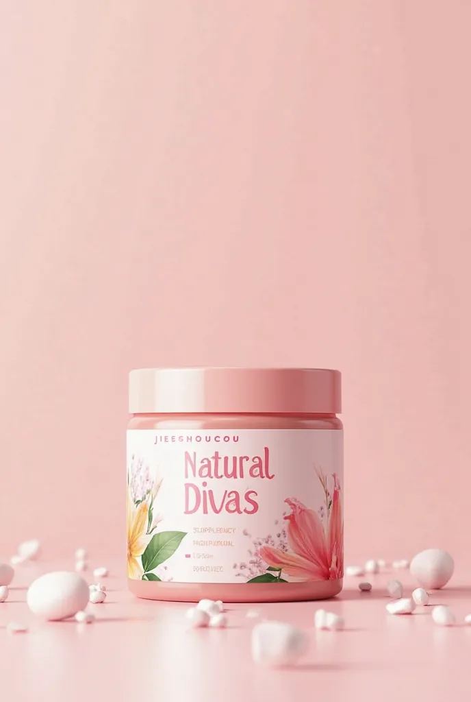 Create an image of a slimming supplement with the name of Natural Divas and highlight the colors pink and green on the product label, translucent pink pot and pink lid.