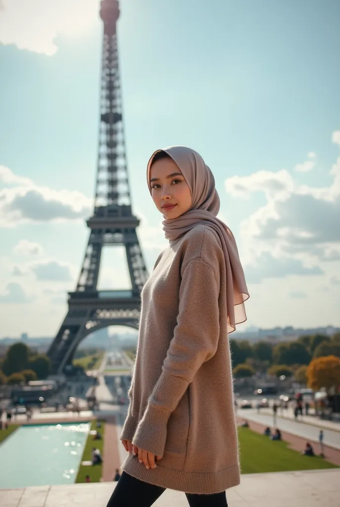 A beautiful Korean woman wearing a hijab 'wearing a fashionable and trendy muslim style sweater dress wearing boots heels, standing in a stylish pose in the middle of Paris gazing looking at the camera,and under the shade of a white cloudy blue sky there i...