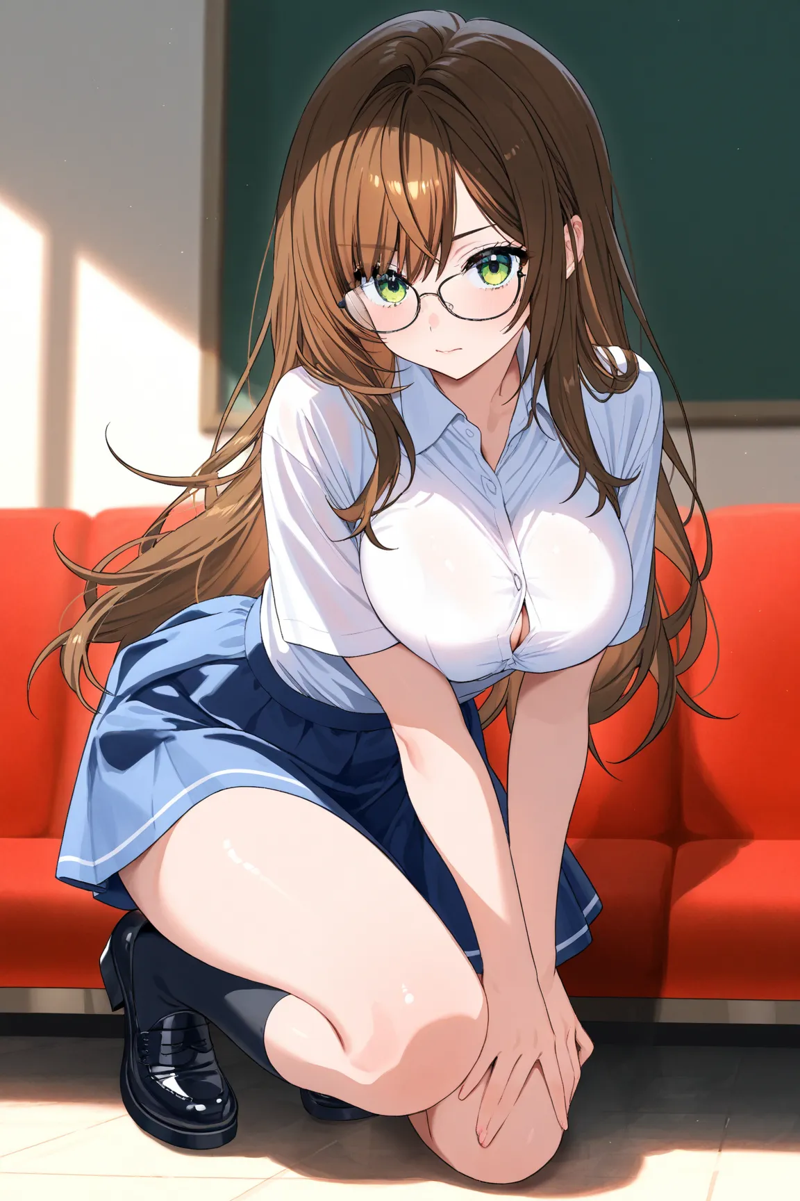 long hair、brown hair、beautiful hair、Beautiful breasts、 Read more、Skin Shine、green eyes、shining eyes、Glasses、Skirt、in the back、full body