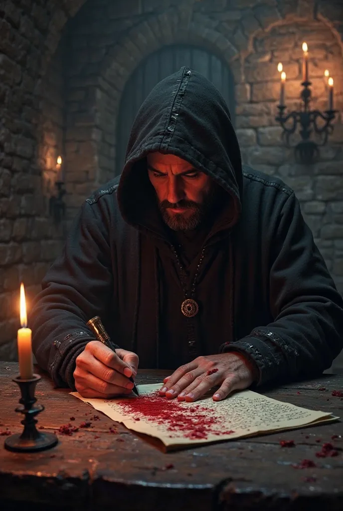 Man in the black medieval hoodie, with little beard, writing in a bloodstained letter, In the background a dark medieval room with candles