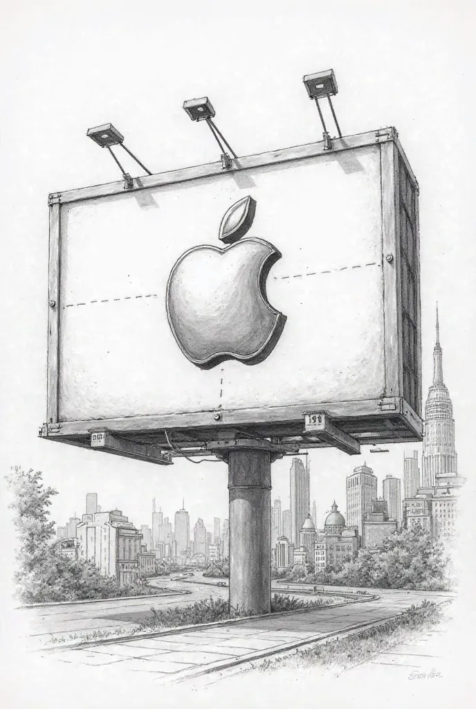 Make a pencil drawing of a billboard with the Apple comic logo