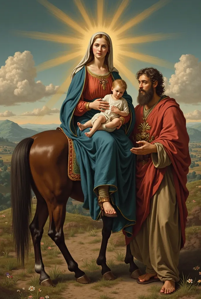 Generate an image of Virgin Mary on top of a horse with Jesus Christ in its lap and Joseph on the side 