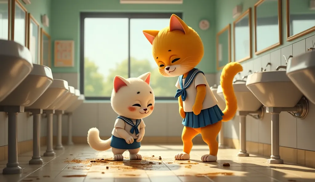 A highly detailed, ultra-realistic 4K image of an anthropomorphic yellow cat girl in a school uniform, washing the dirty clothes of a small anthropomorphic white cat boy in an elementary school restroom. The yellow cat girl has a gentle and caring expressi...