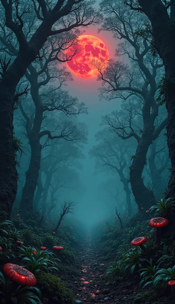 A dark, eerie jungle under a blood-red full moon. The twisted trees cast long shadows, and in the distance, glowing red eyes peer through the mist. The atmosphere is filled with mystery and danger.(A dark, eerie jungle filled with twisted trees and thick, ...