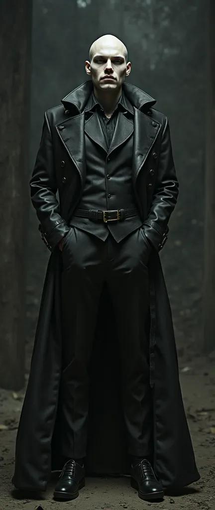 a tall pale emo girl, buff body, wearing a late 19th century dark suit, long duster style coat with mantle, detailed facial features, photorealistic, dramatic lighting, cinematic style, dark moody atmosphere