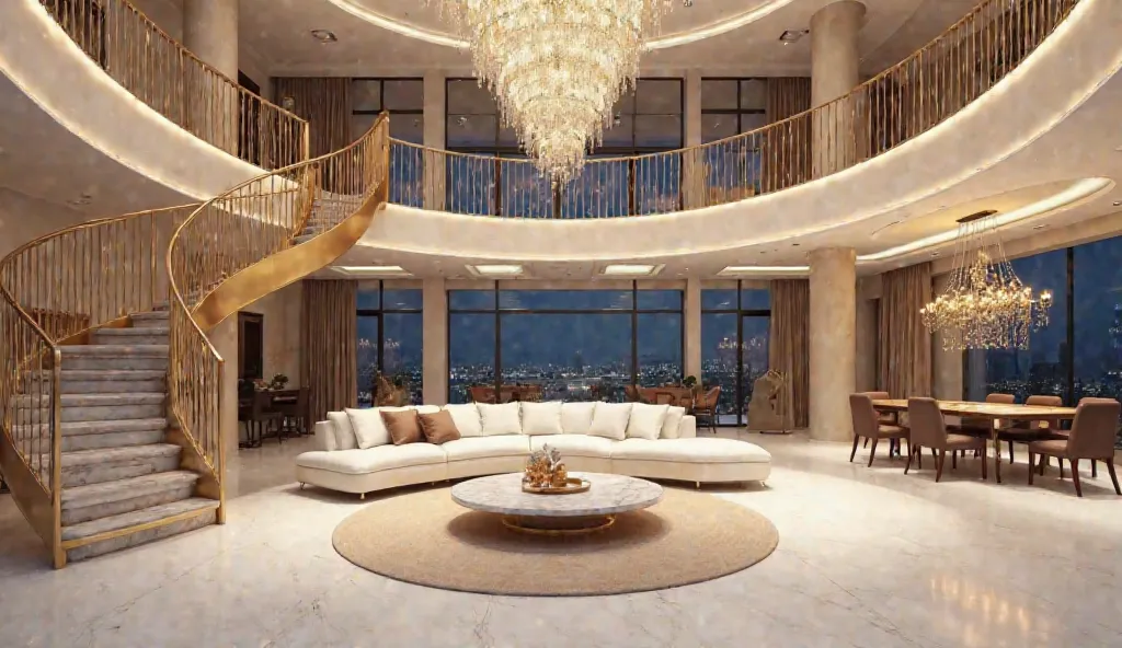 deluxe ,  An elegant two-storey modern living room ,  A spiral staircase with golden handrails .  The room is warmed by light ,  Ambient lighting ,big ,  Wonderful chandeliers hanging on the ceiling .  spacious area ,  There is a night view from floor to c...