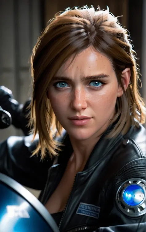 photo of ohxw, ellie, woman, close up ,blond medium length hair, blue eyes, face details, low key lighting. Sexy face. Sly smile. Hand stroking her hair. Sexy pose. On a bike. Motorcycle black gear.