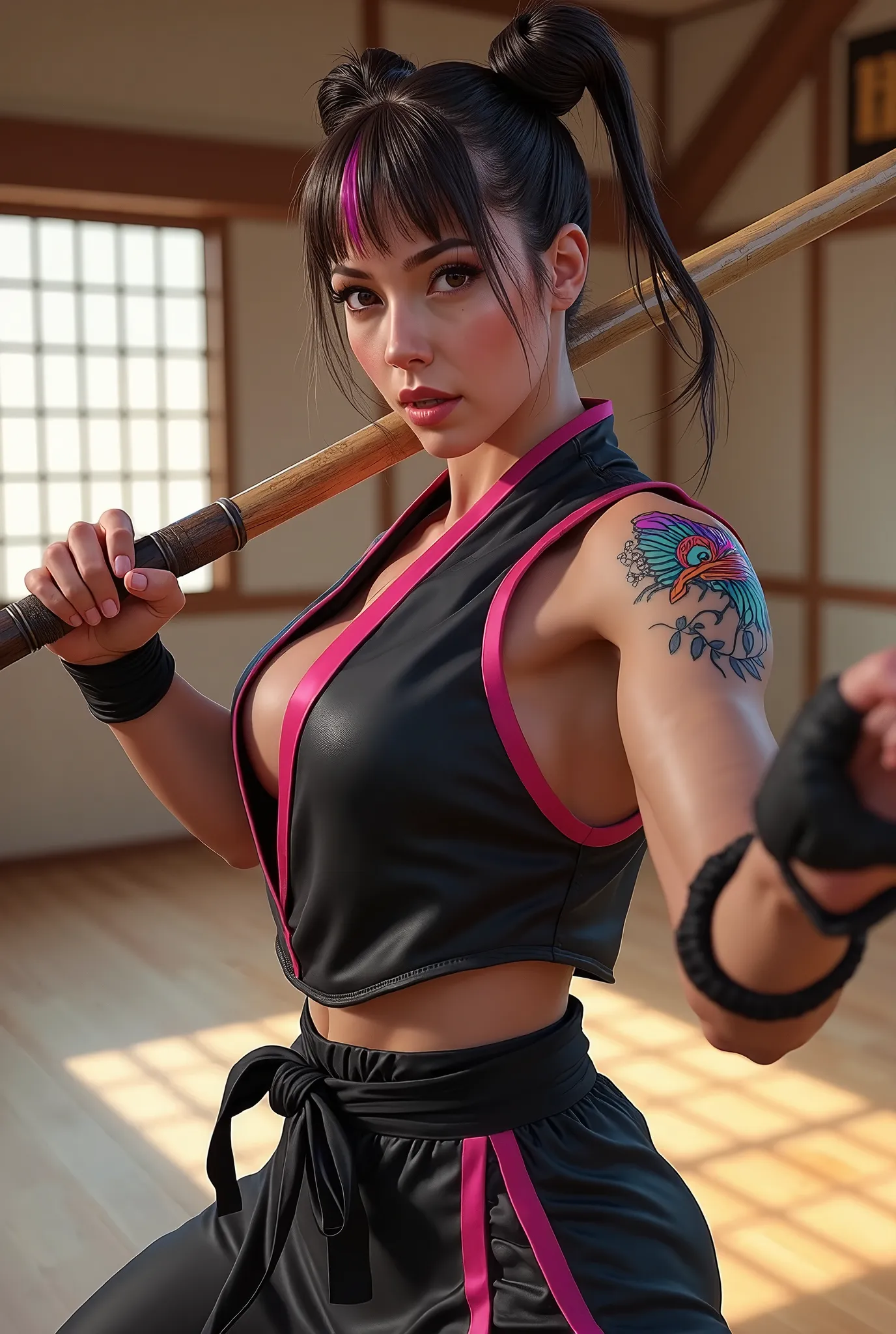 Realistic A closeup ((photorealistic)) image of a muscular ((Caucasian)) Lindsey Strutt brunette ((two bun hair like Chun-li)) with pink and blue hair and a ((phoenix tattoo on her left shoulder)) is dressed as ((black Ryu costume with pink edging)) wieldi...