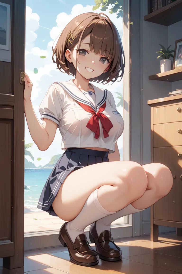 Young girl　Extra Large Breasts　What is shyness　masturbate　 clear　all see-through white sailor suits　oversized busty middle school student　anime　I&#39;m not wearing underwear　short hair　dark eyes　short cream brown hair　 crouching　patience　　is youngロリ　minisk...