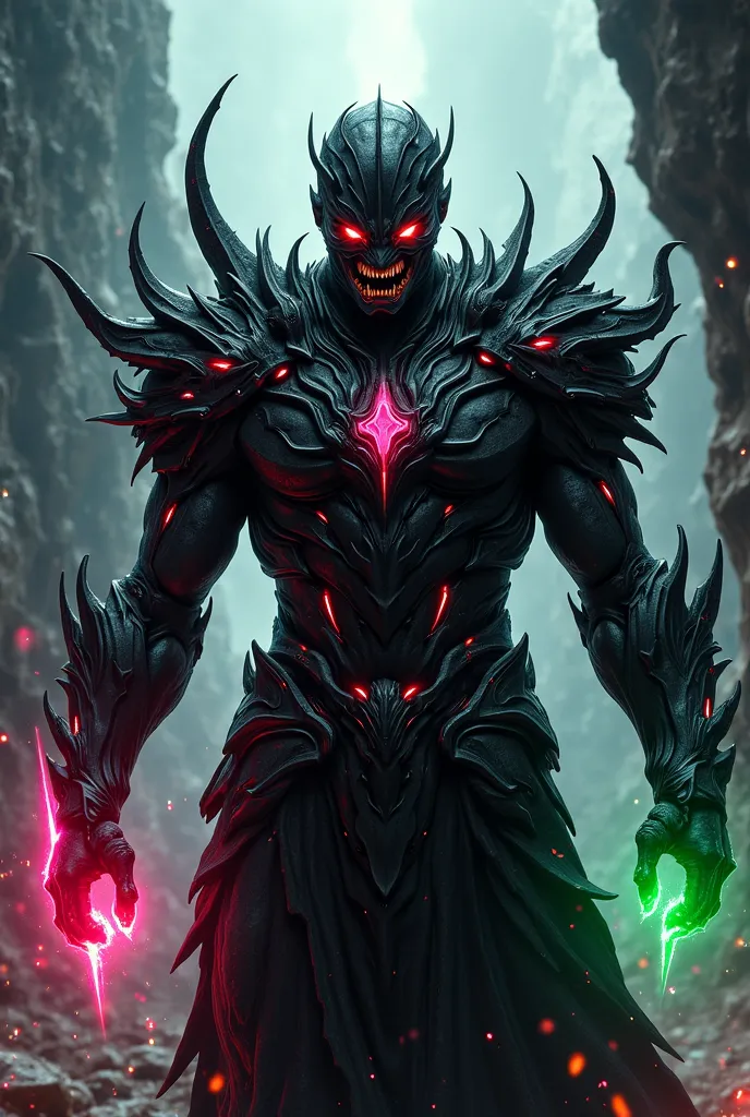 Strong dark character with armor, with angry face colored with energy lights black red green pink, With a dark background and with rays and rocks 