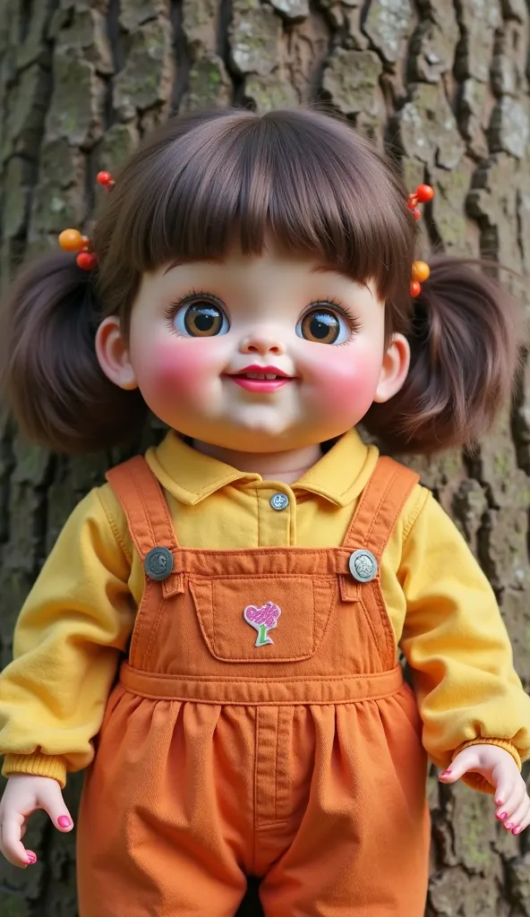 An extremely large doll, with chubby cheeks, shown up close and with an emphasis on her face. The doll is dressed in a yellow blouse and an orange overalls. She has short hair tied in pigtails with a straight fringe, and pink lipstick on her lips. The doll...