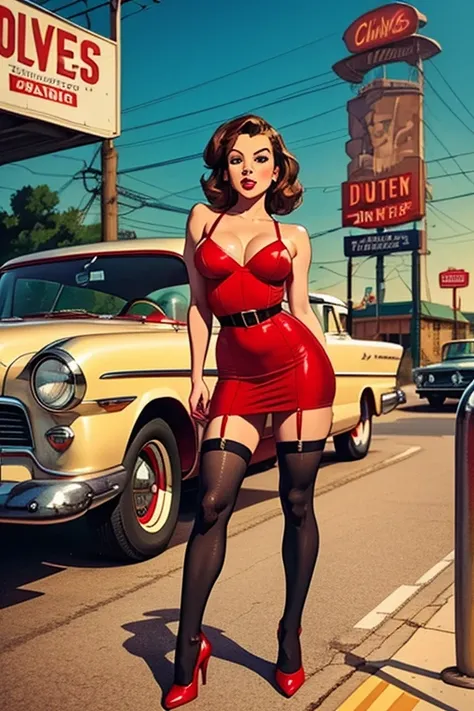 A vintage-style American diner advertisement featuring a retro pin-up woman in a red dress with black stockings and red high heels. She has short, wavy brown hair and is posing seductively in front of a classic red car from the 1950s. The background includ...