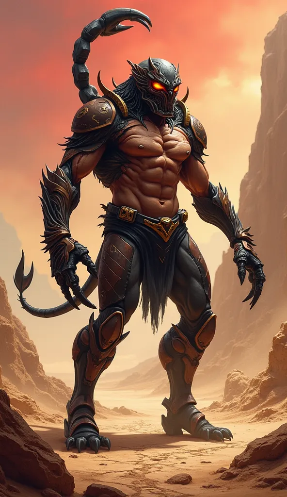 "Create a mutant warrior with a muscular, human-like body, but with distinct scorpion features. The character should have a sharp, angular face with glowing eyes, and a pair of large, powerful pincers replacing his hands. His body should have a tough, exos...