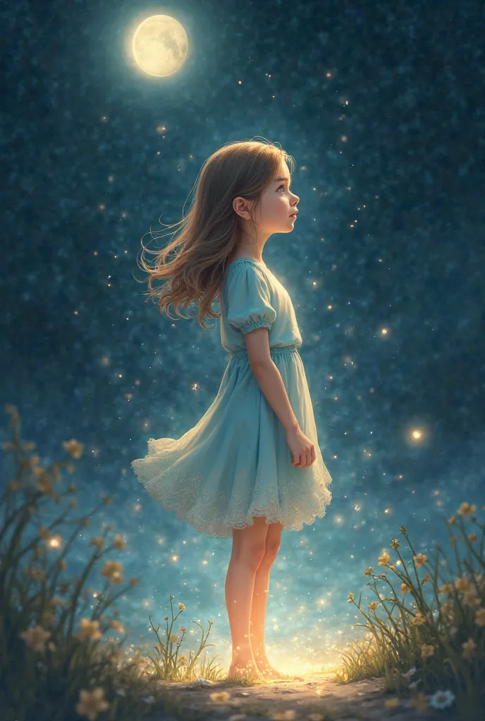 A girl with light brown hair and light brown eyes, dressed in light blue that is illuminated by a sun but who turns into a small star in the background that is dark with a moon shining above her 