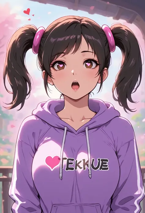  masterpiece,1 girl, is unique , heart shaped pupil, open mouth ,Hooded sweatshirt, ling xiaoyu, from tekken,, fixed,