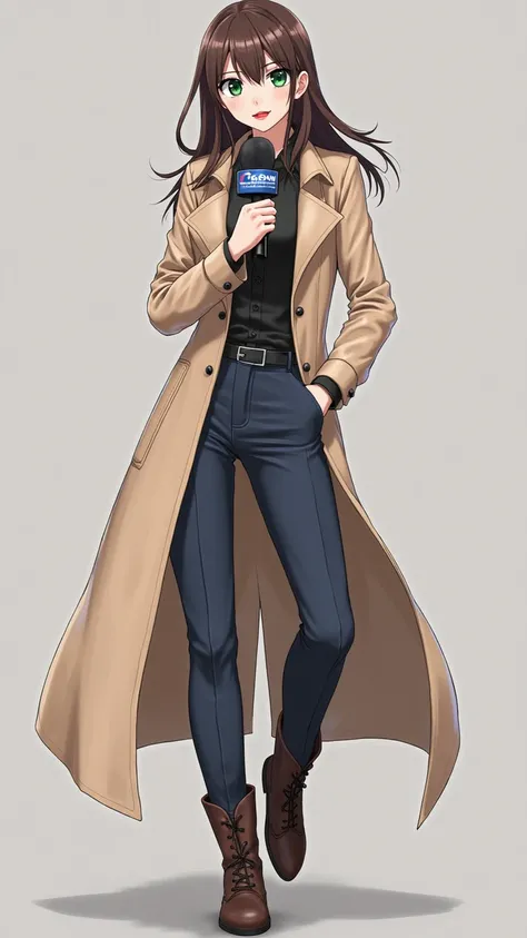 anime style
Full Name: Kara Solari
Age: 32 years old
Hair: Long, brown
Eye Color: Deep green
Clothes: Light beige trench jacket, black silk blouse, navy blue fitted pants, and modern dark brown boots
Affiliation: Star reporter for "Global Network News" (GN...