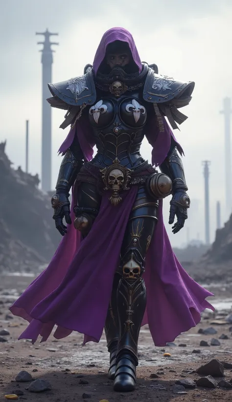 Uzi from Murderdrones and Warhammer 40k Sister of Battle hybrid character in purple/black/white armor colors, a deep hood on head.