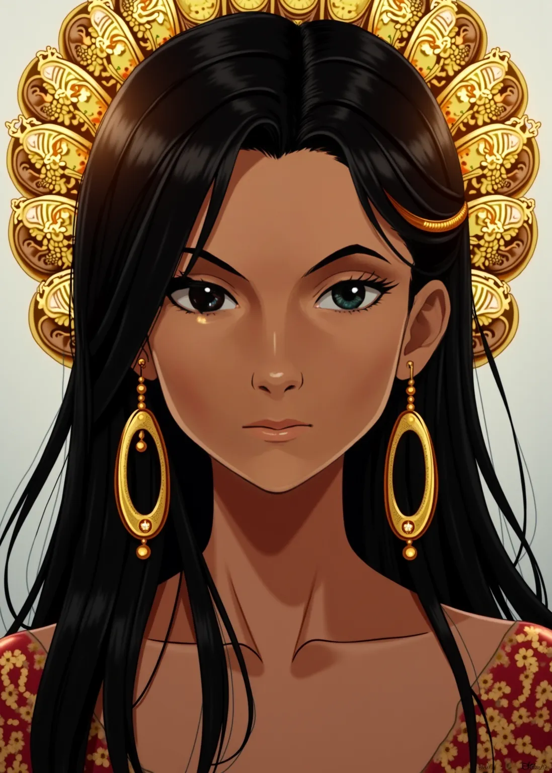 Native woman with gold cylinders in her hair, in full view in a highly detailed anime style