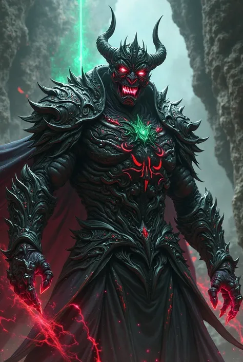 Strong dark character with armor, with angry face colored with energy lights black red green pink, With a dark background and with rays and rocks 