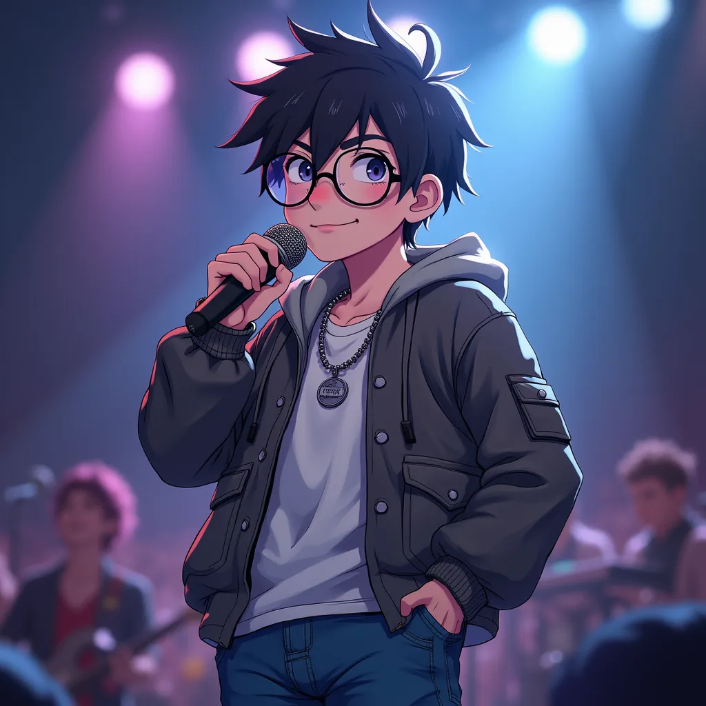 "Create a character in the Hypnosis Mic universe: a youth with messy hair and round glasses, wearing a casual jacket and jeans, holding a microphone with a relaxed grip. He is rapping with a calm and friendly smile, standing on a stage with spotlights shin...