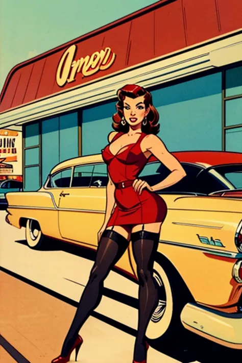 A vintage-style American diner advertisement featuring a retro pin-up woman in a red dress with black stockings and red high heels. She has short, wavy brown hair and is posing seductively in front of a classic red car from the 1950s. The background includ...