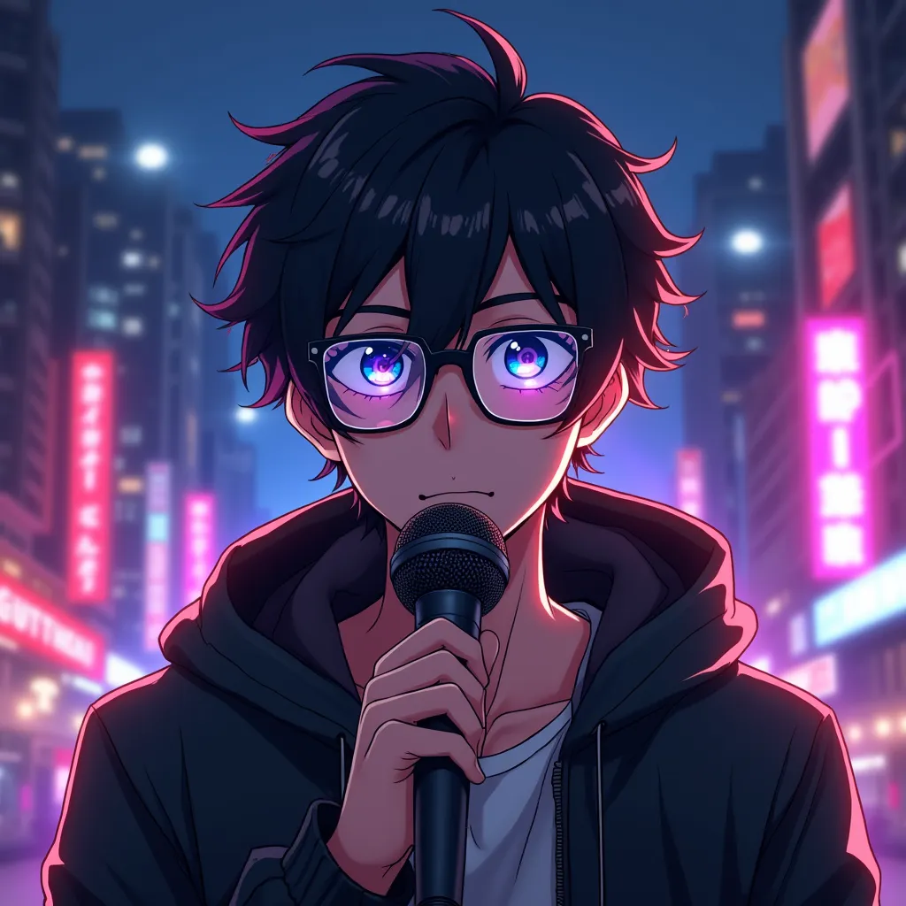 "Generate an image of a young man with tousled hair and glasses, holding a microphone and singing rap, in the style of Hypnosis Mic characters. He has a gentle demeanor and a soft expression, exuding a calm and intellectual vibe. The background is a vibran...