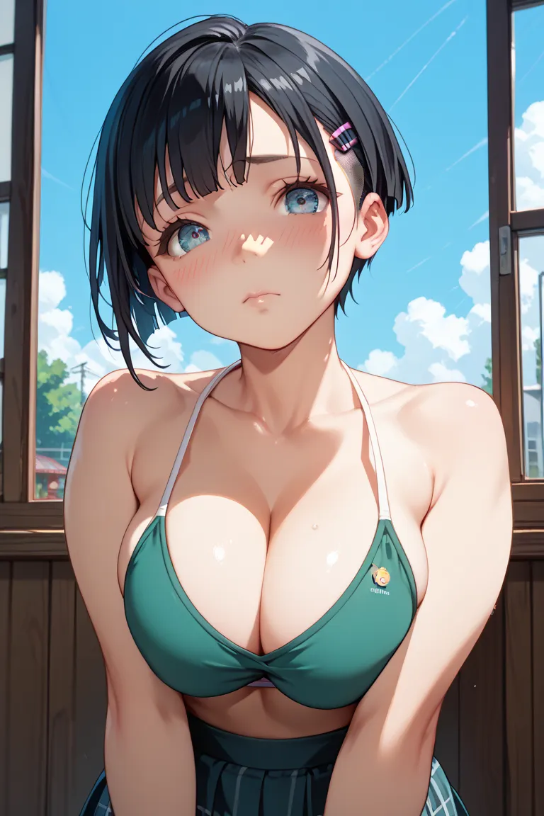 strand,blue sky, elementary school student,Minamoto Shizuka, black hair,shortcut,big breasts,Porno Hub Bikinis,sexy pose for the body,see here,cheeks red,shy face,Shame