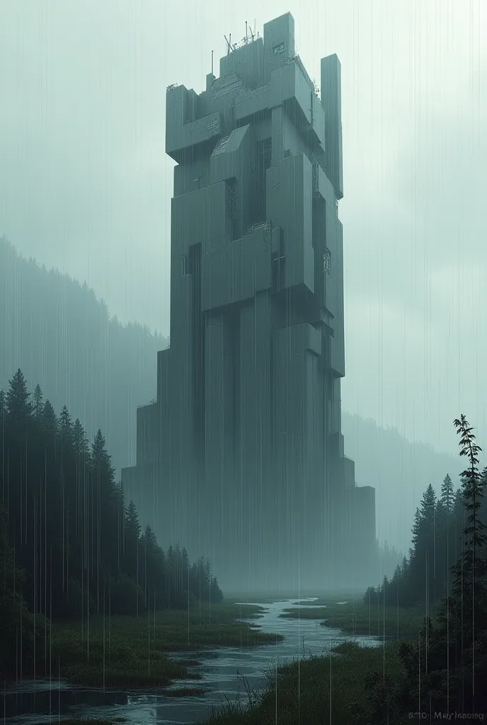 In cubist style, create the tallest tower with a landscape of rain 