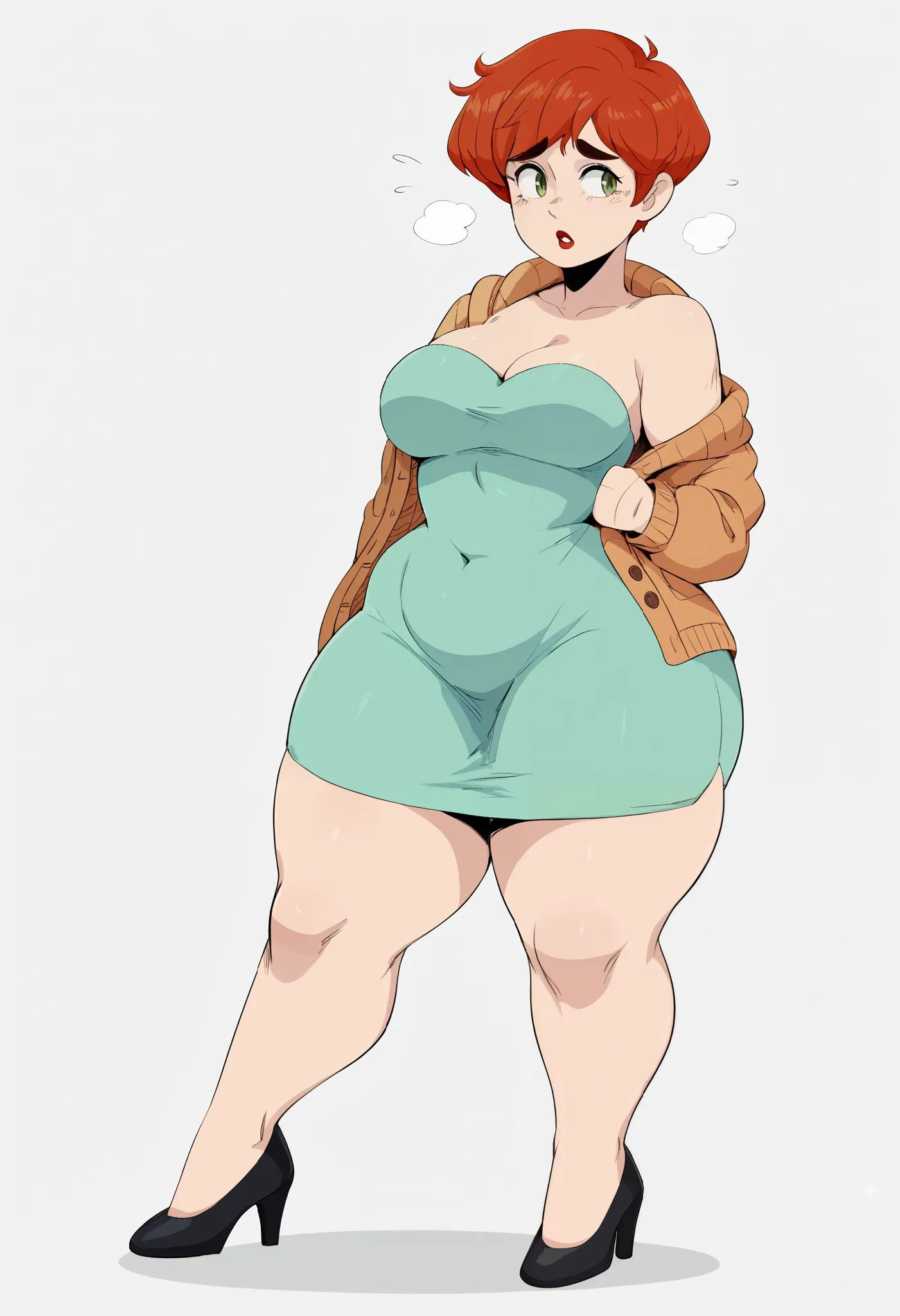 score_9, score_8_up, score_7_up, score_6_up, score_5_up, score_4_up, 2d, digital art, digital artwork, thick lines,solo, Woman with short red hair, middle aged woman, milf,fair skin, pixie cut, light green dress, strapless dress, cardigan on body,wearing o...