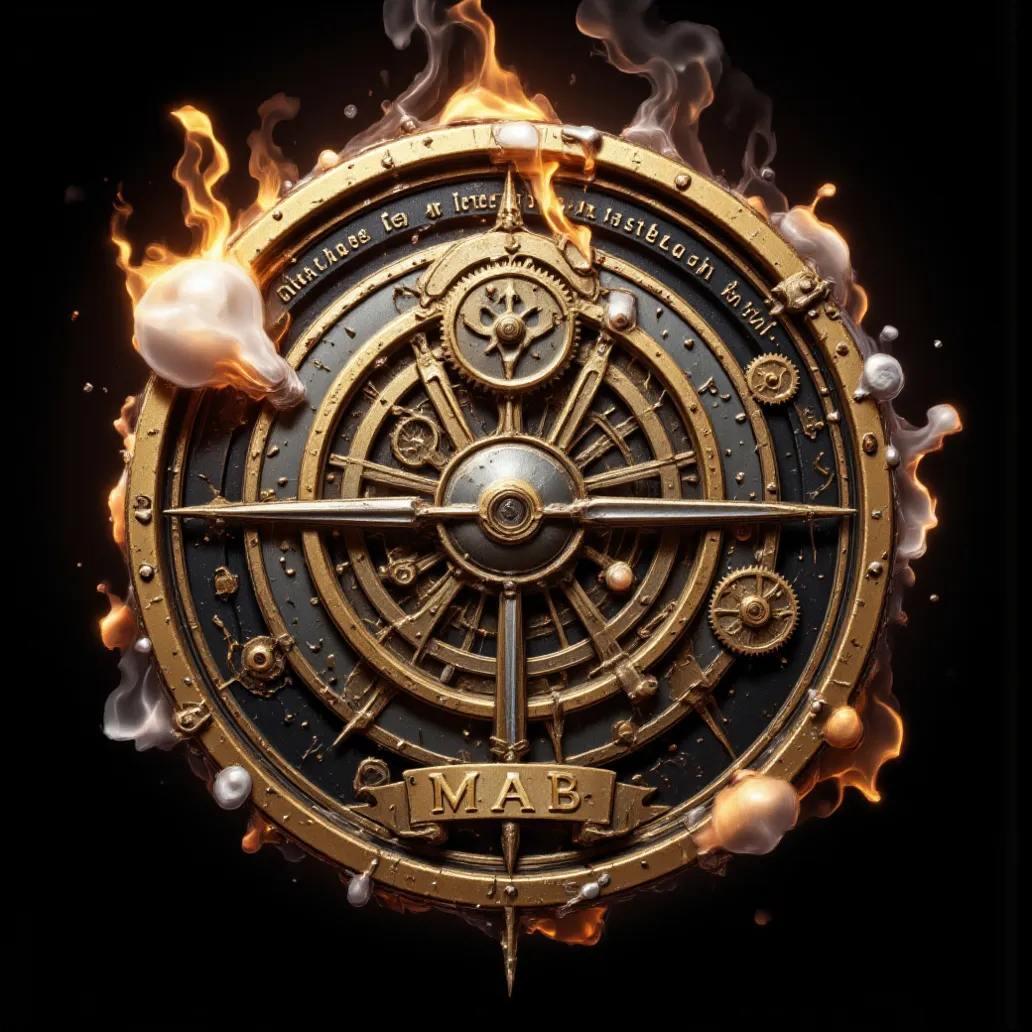 Create a distinguished emblem for an alliance of War commanders. Include intricate cogs and clockwork. Include the name "MAB". Include the slogan "per unitatem vis". Shades of copper, silver, wood grains. Include steam, Edison Bulbs and Floating Particles,...