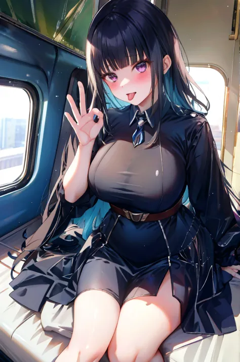 High Resolution, High Resolution, anatomically correct in office, high detail, very detailed, big breasts, BIG ASS ,big thighs,  blushes,Lize helesta、train、sitting in a train seat、1 girl, rough breathing, Girl in front 、 I'm sweating a lot、solo, knee-high、...