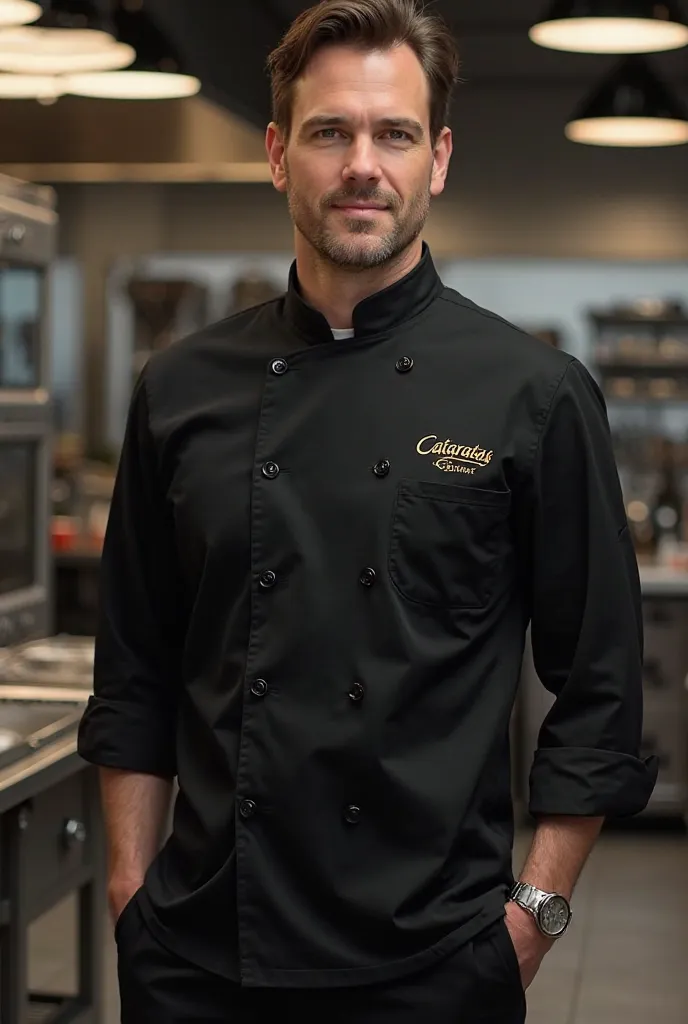 chef's black uniform with the Cataratas Gourmet logo written 