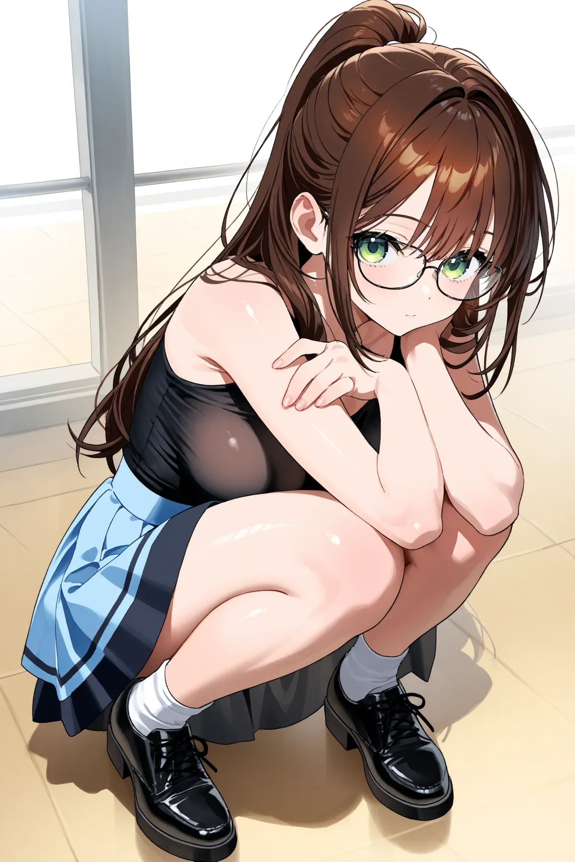 long hair、brown hair、beautiful hair、ponytail、Beautiful breasts、 Read more、Skin Shine、green eyes、shining eyes、Glasses、Skirt、in the back、full body