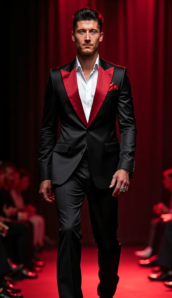 Outfit Description:
Robert Lewandowski wears a black satin tuxedo with a deep red lapel, paired with a black shirt and a red pocket square. His outfit is completed with polished dress shoes and a silver ring.
Environment:
A moody runway with dark velvet cu...