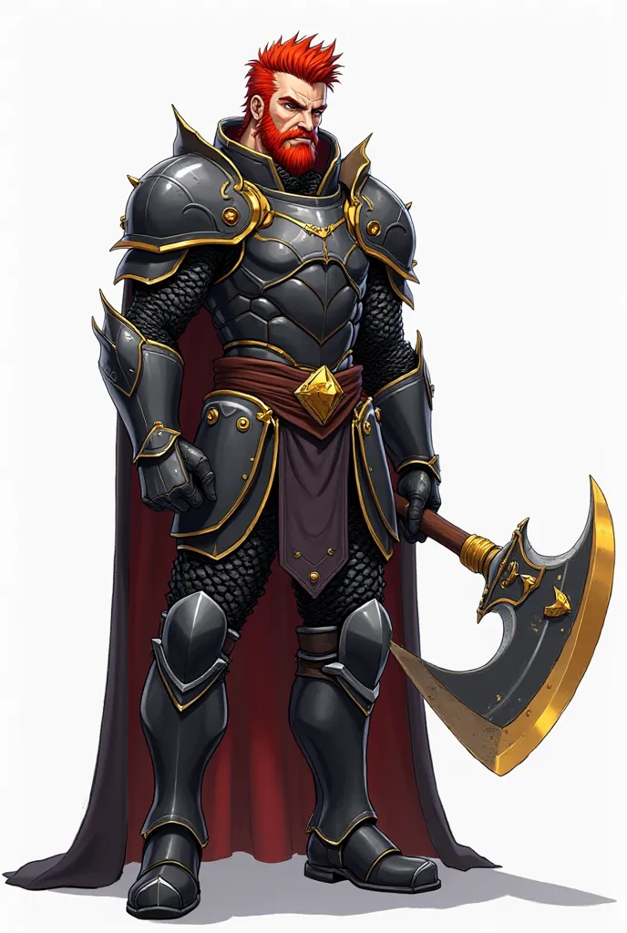 2d anime style, white background.  a tall and strong man, with black armor, Red hair and fiery eyes, a gold and silver axe in his right hand pointing forward in an imposing manner. On his face a scar diagonally and battle marks on his armor.