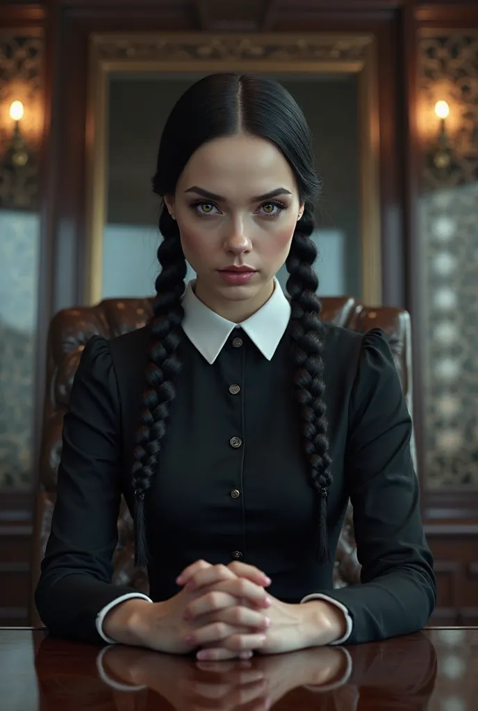 *"A hyper-realistic, ultra-detailed 8K digital painting of Wednesday Addams sitting in a luxurious, modern corporate office. She is facing the camera directly, her intense, dark eyes staring in a fit of rage. .Her pale porcelain skin contrasts sharply with...