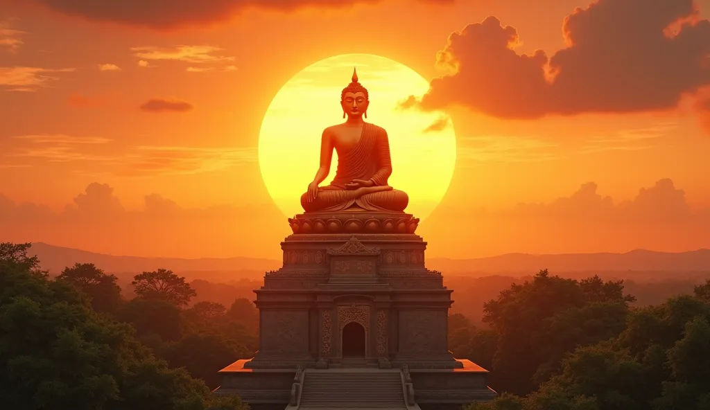 A majestic bronze Buddha statue sits atop an ornate pedestal, facing directly towards the viewer. The golden sunset illuminates the sky with fiery hues of orange and red, casting a serene glow over the scene. The temple grounds below are surrounded by lush...