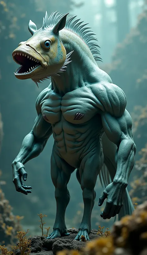 A very muscular horse with a fish head 