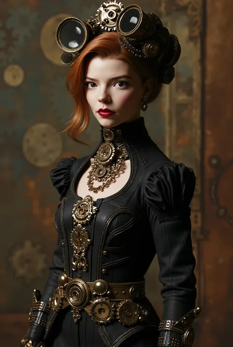 A 3D render of a hauntingly realistic portrayal best quality, highres, 4k, 8k, amazing quality, Photo full portrait of photo real. steampunk woman. steampunk background. “full body portrait