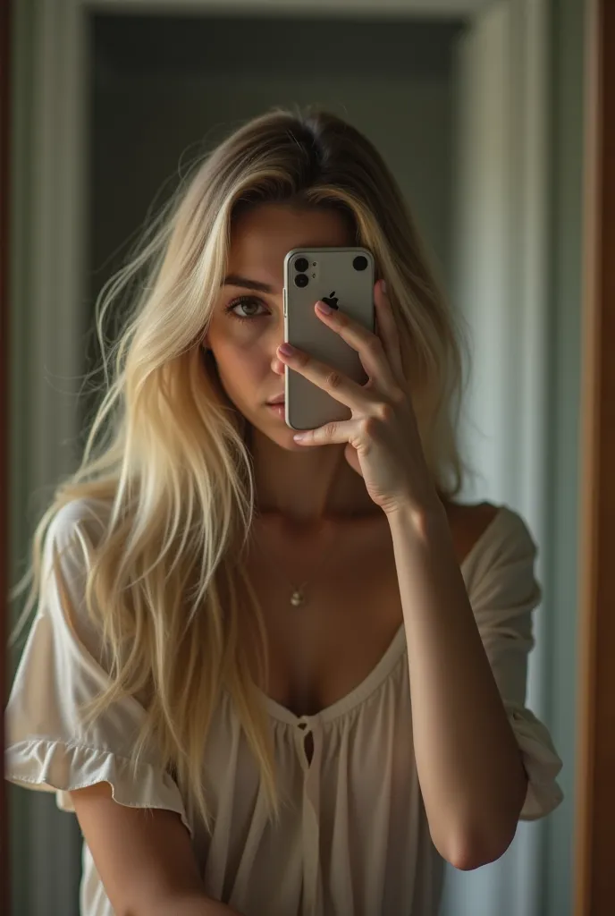 Altushka covers her face taking pictures with her phone in a mirror with long blond hair 