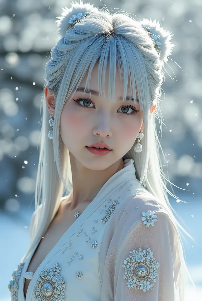 A beautiful Japanese girl with a divine々vibe like a shrine maiden。Has wet white silver hair、has straight bangs、has an elegant yet captivating gaze。Her eyes sparkle、has a seductive gaze with an expression that looks like a kiss。costume is a modern Chinese d...