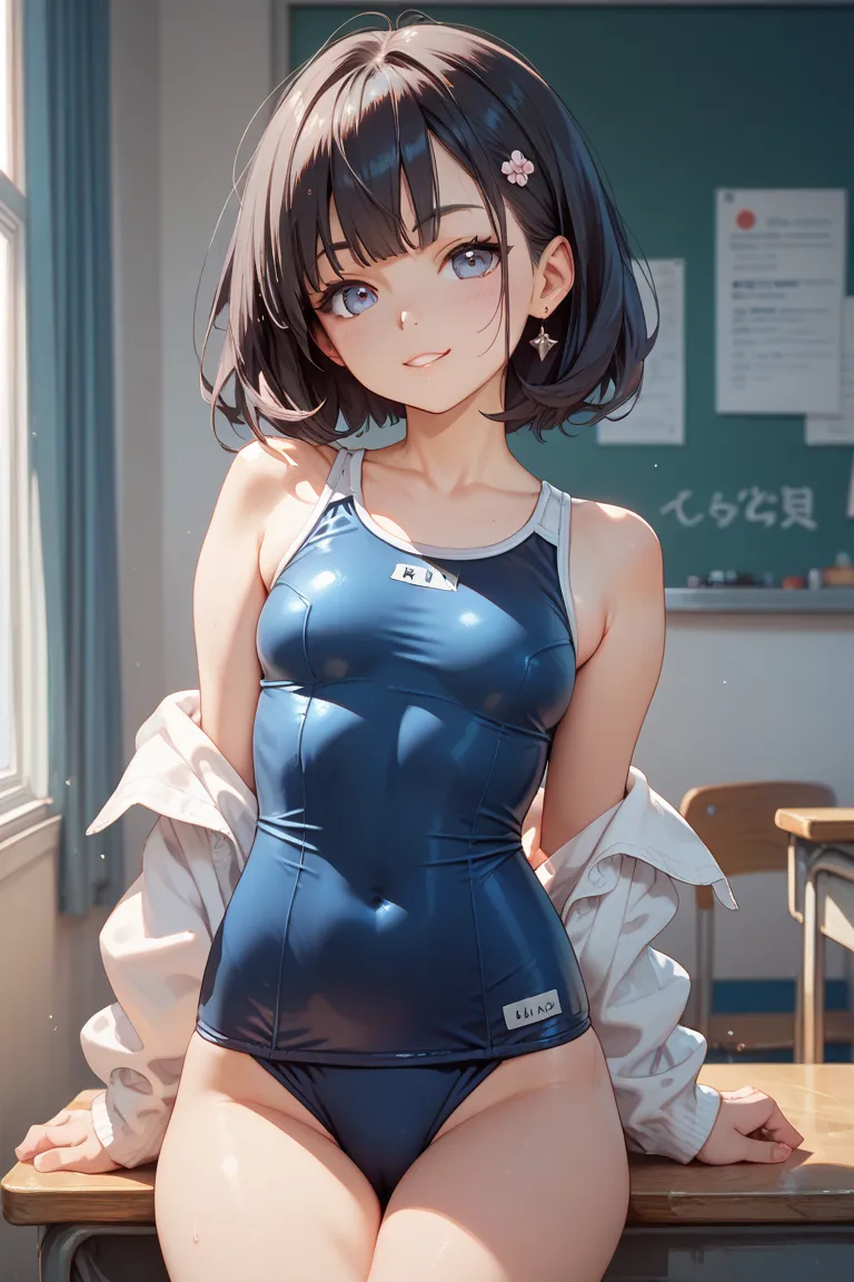 A girl in a school swimsuit has small breasts and a cute dark hair