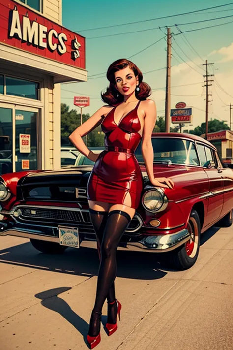 A vintage-style American diner advertisement featuring a retro pin-up woman in a red dress with black stockings and red high heels. She has short, wavy brown hair and is posing seductively in front of a classic red car from the 1950s. The background includ...