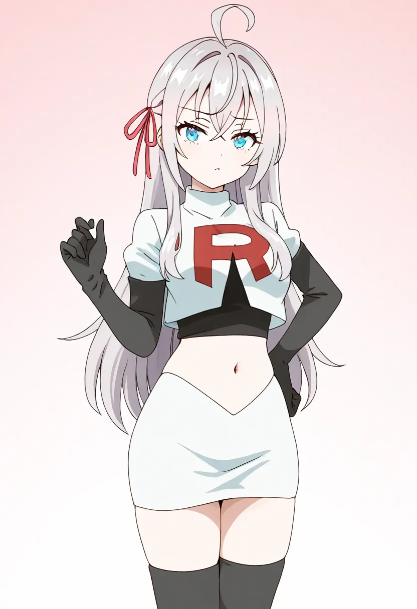 masterpiece, best quality, amazing quality,
1girl, solo, looking at viewer, gradient background, 
long hair, silver hair, ahoge, crossed bangs, red hair ribbon, sidelocks, blue eyes,
team rocket,team rocket uniform,white skirt,red letter R,crop top,black t...