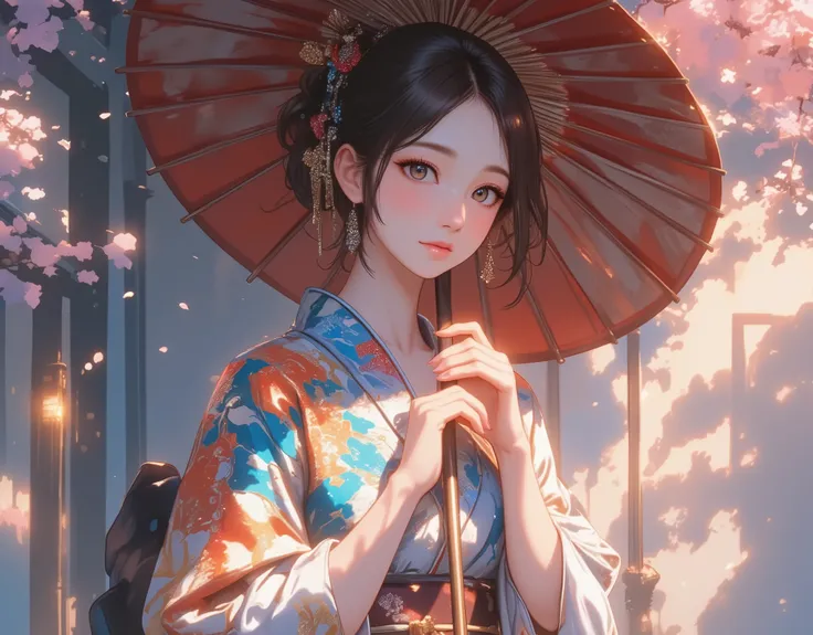 Woman holding a Japanese umbrella , Nishijin Textile Kimono , Japanese painting style, beautiful anime style portrait, Extra , detailed portraits of anime girls , Beautiful Anime Portrait , beautiful anime women , digital Animation illustration, Anim...