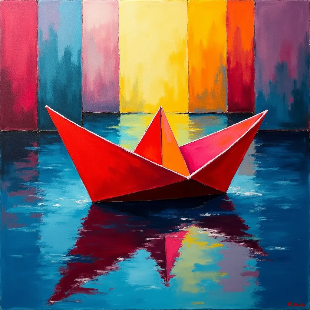 "A vividly colored cubist oil work of art from a paper boat