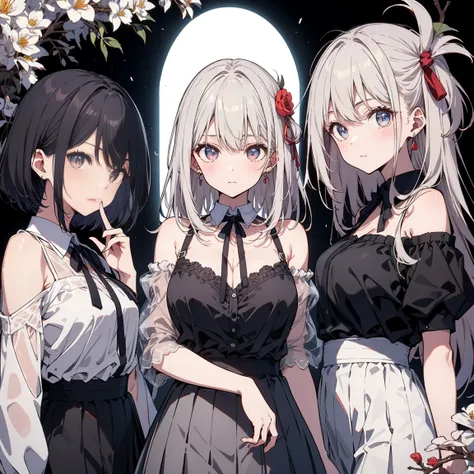 masterpiece,best quality,great quality,4girl, anime、so beautiful、 Silver Hair、long hair caught in a hole、 no hair ornament、Hair swaying in the wind、has clear white skin、blue eyes、 pale beige lips 、pink chalk、black eyeshadow、White flower earrings、A long, be...