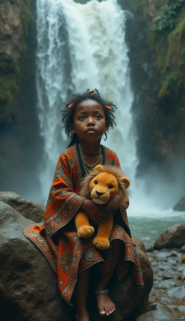 Create an image of an era, Entity by Umbanda Criança.  He is wearing indigenous robes and sitting on the edge of a waterfall with rocks , She's also holding a stuffed lion in her hands 