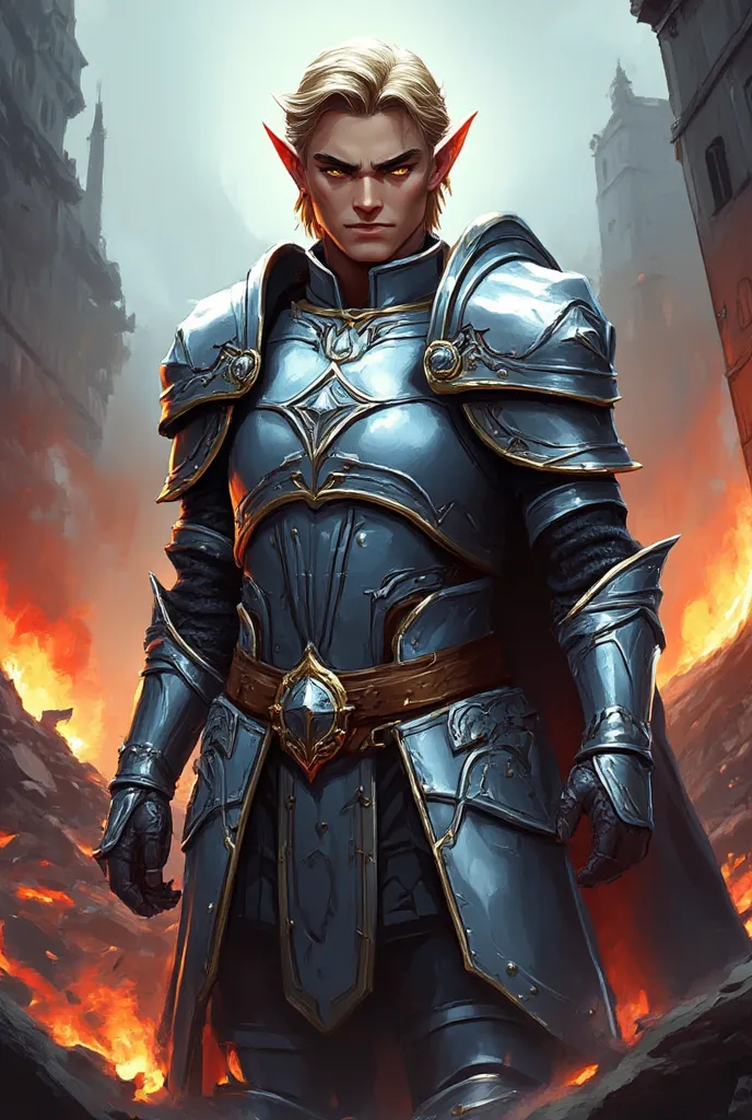 A male paladin elf wearing silver armor and short hair, with burning buildings and destroyed structures , his determined and resolute expression.
